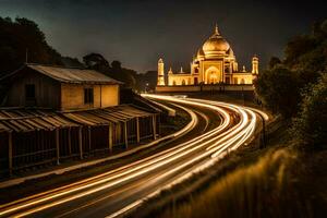 une longue exposition photo de une mosquée à nuit. généré par ai