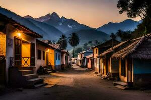 une village à le coucher du soleil avec montagnes dans le Contexte. généré par ai photo