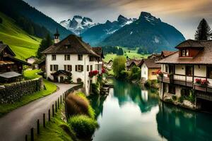 photo fond d'écran le ciel, montagnes, eau, Maisons, rivière, montagnes, Suisse, Al. généré par ai