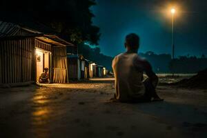 une homme est assis dans le foncé sur le côté de une route à nuit. généré par ai photo