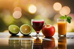 une verre de jus et un Pomme suivant à une chaux. généré par ai photo