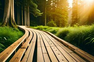 en bois chemin dans le forêt à le coucher du soleil. généré par ai photo