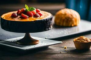 une gâteau avec des fraises sur Haut et une muffin sur le tableau. généré par ai photo