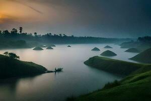 le lever du soleil plus de le Lac dans Indonésie. généré par ai photo