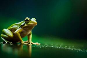 une grenouille séance sur une vert surface avec l'eau gouttelettes. généré par ai photo