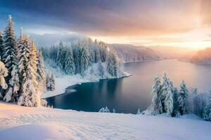 hiver paysage avec neige couvert des arbres et lac. généré par ai photo