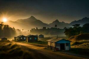 le lever du soleil plus de le village. généré par ai photo