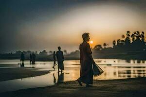 une homme en marchant le long de le rive à le coucher du soleil. généré par ai photo