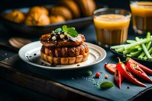 une assiette de nourriture avec des légumes et une verre de jus. généré par ai photo