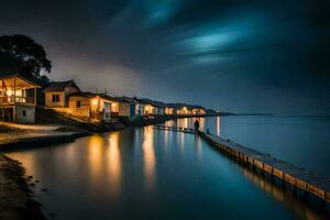 une jetée à nuit avec Maisons sur le rive. généré par ai photo