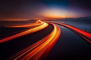 une longue exposition photographier de une Autoroute à le coucher du soleil. généré par ai photo