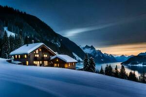 une maison est assis sur Haut de une neigeux colline à crépuscule. généré par ai photo