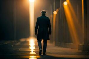 une homme dans une chapeau et manteau des promenades vers le bas une foncé rue. généré par ai photo