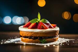 une gâteau avec des fraises et crème sur Haut. généré par ai photo