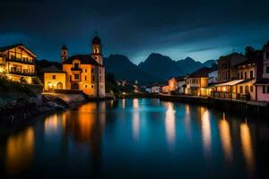 une rivière dans le milieu de une ville à nuit. généré par ai photo