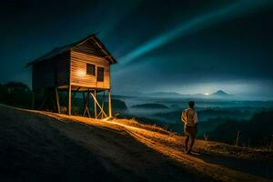 une homme permanent dans de face de une cabane à nuit. généré par ai photo