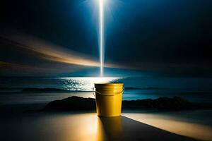 une Jaune seau séance sur le plage à nuit. généré par ai photo