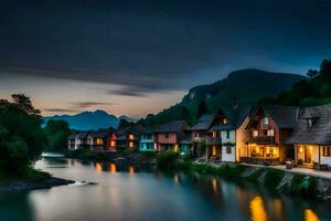 photo fond d'écran le ciel, rivière, montagnes, Maisons, le nuit, le rivière, le montagnes. généré par ai