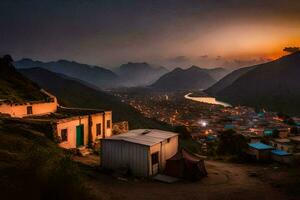 une village à le coucher du soleil dans le montagnes. généré par ai photo