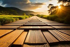 une en bois passerelle dans le milieu de une champ. généré par ai photo