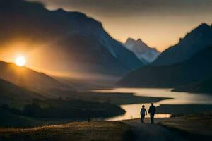 deux gens marcher vers le bas une chemin dans le montagnes à le coucher du soleil. généré par ai photo