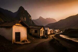 une petit village dans le montagnes à le coucher du soleil. généré par ai photo