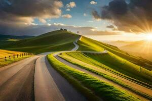 le route à le le coucher du soleil. généré par ai photo