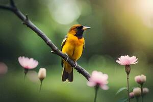 une oiseau est séance sur une branche avec rose fleurs. généré par ai photo