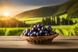 les raisins dans une panier sur une en bois tableau. généré par ai photo