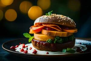 une Burger avec des légumes et fromage sur une plaque. généré par ai photo