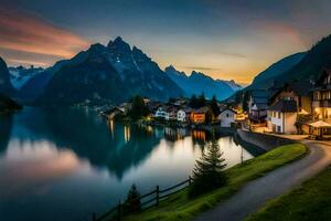 photo fond d'écran le ciel, montagnes, lac, loger, montagnes, le Alpes, Suisse. généré par ai