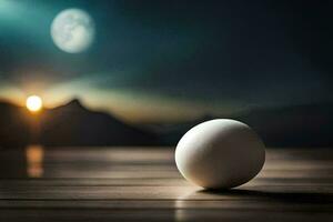 un Oeuf sur une table dans de face de une plein lune. généré par ai photo