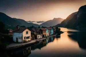 photo fond d'écran le ciel, montagnes, eau, Maisons, lac, coucher de soleil, le montagnes, le. généré par ai