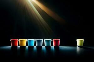 une rangée de coloré tasses sur une noir Contexte. généré par ai photo