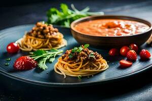 spaghetti avec Viande sauce et tomates sur une plaque. généré par ai photo