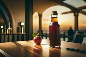 une bouteille de Pomme Cidre est assis sur une table dans de face de une le coucher du soleil. généré par ai photo