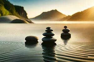 Trois rochers dans le l'eau avec le Soleil réglage derrière eux. généré par ai photo