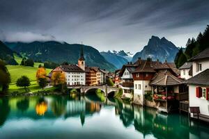 photo fond d'écran le ciel, montagnes, lac, Maisons, Suisse, le Alpes, sw. généré par ai