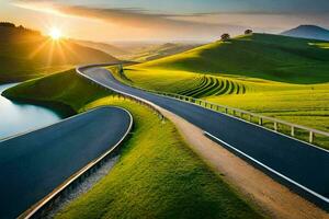 le Soleil monte plus de une enroulement route dans le milieu de une vert vallée. généré par ai photo