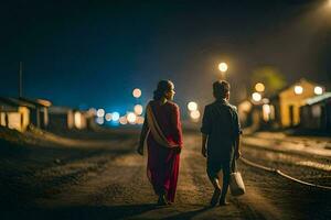 deux gens en marchant vers le bas une route à nuit. généré par ai photo