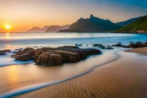 le Soleil ensembles plus de une plage et montagnes. généré par ai photo