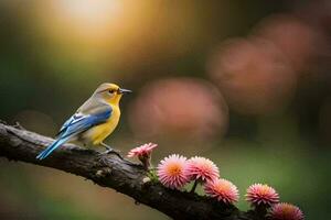 une bleu et Jaune oiseau est assis sur une branche. généré par ai photo