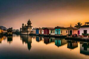 coloré Maisons sur le l'eau à le coucher du soleil. généré par ai photo