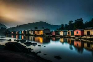 une rivière dans le montagnes avec Maisons sur le rive. généré par ai photo