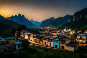 une ville dans le montagnes à le coucher du soleil. généré par ai photo