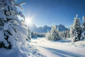 neige couvert des arbres et montagnes dans le Soleil. généré par ai photo