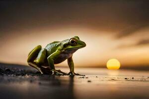 une grenouille est permanent sur le plage à le coucher du soleil. généré par ai photo