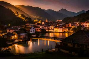 une village à crépuscule avec une pont plus de une rivière. généré par ai photo