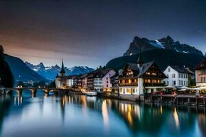 le ville de Hallstatt, Suisse, à crépuscule. généré par ai photo