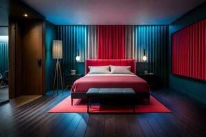 une chambre avec rouge et bleu accents. généré par ai photo